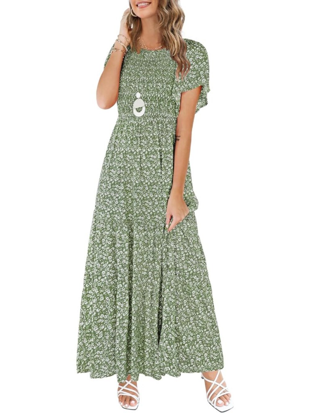 Women 2025 Summer Fall Crewneck Short Sleeve Smocked Floral Maxi Dress
